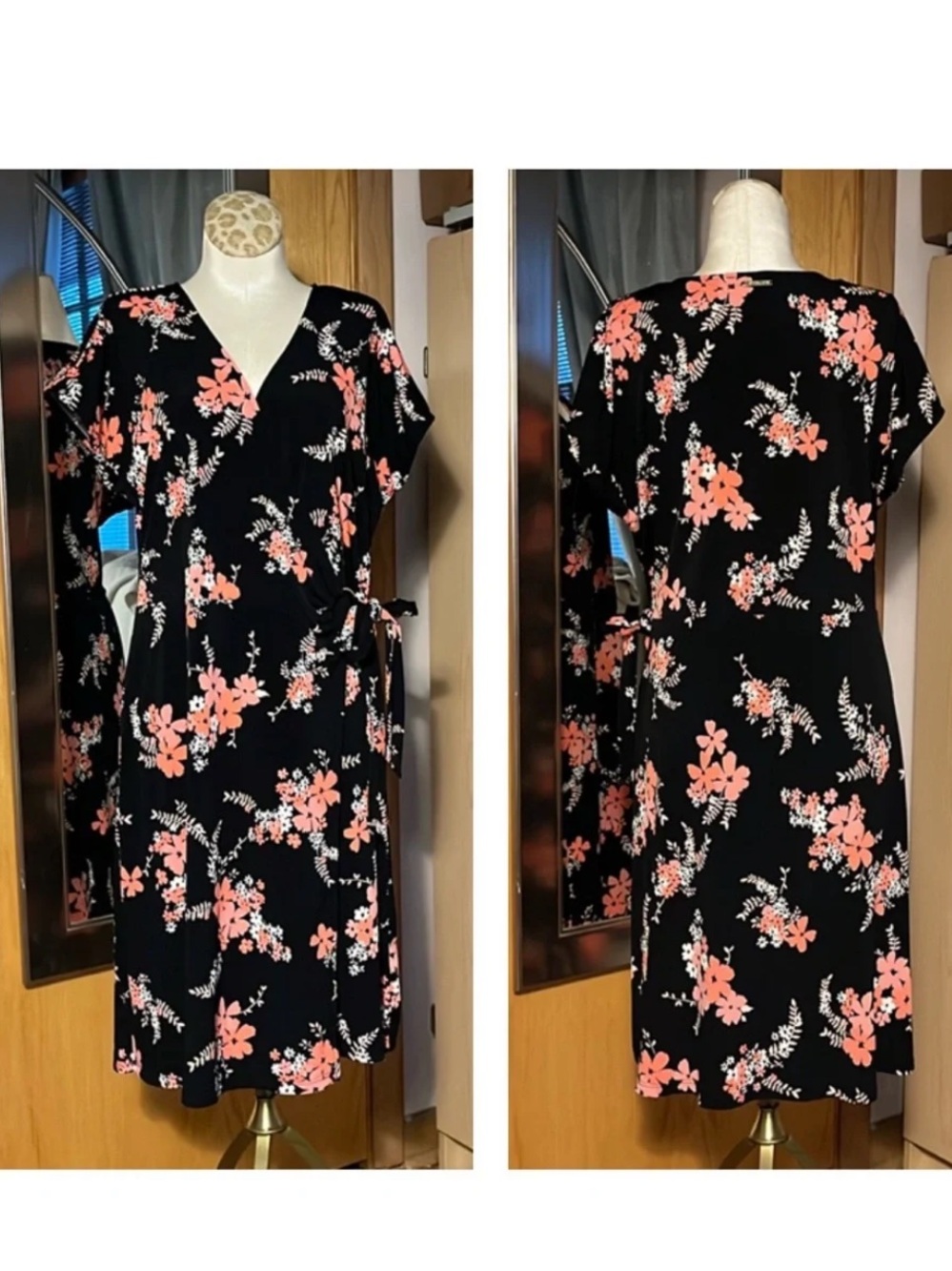 Michael Kors Black Wrap-Style Midi Dress with Coral Floral Print